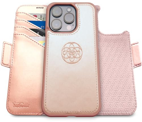 Dreem Fibonacci kompatibel mit iPhone 16 Pro Brieftaschen-Etui / 2-in-1 stoßfestes Etui und abnehmbares Folio aus veganem Leder, kompatibel mit MagSafe, RFID-Schutz [Rosa]