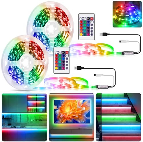 LED Strip 10m(2x5m),RGB LED TV Hintergrundbeleuchtung für 40-85 Zoll TV/PC,USB Farbwechselnde LED Streifen mit Fernbedienung,Flexibel Selbstklebend LED Beleuchtungslichtleiste für Schränke,Treppen,DIY