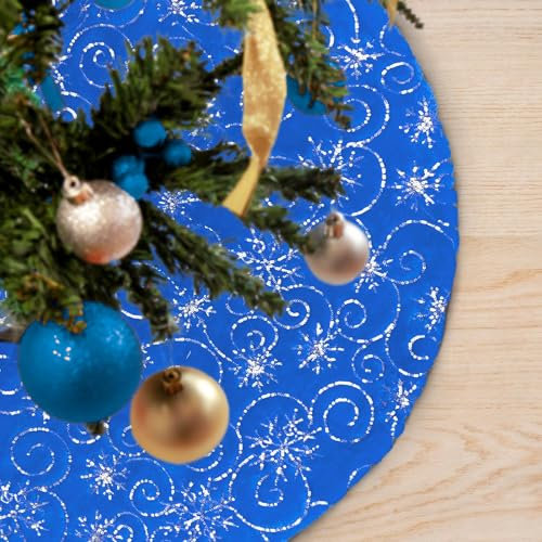 DecroXmas Weihnachtsbaumröcke, 61 cm, blauer Plüsch mit Schneeflocken-Design, Weihnachtsbaum-Basisabdeckung, Kunstfell, dick, für Weihnachten, Neujahr, Party, Urlaub, Dekorationen, 60 cm