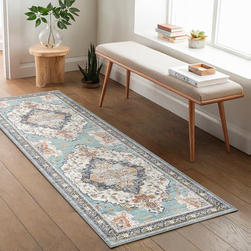 GENIMO Vintage Teppich Flur 80x150CM Teppich Schlafzimmer Waschbare Kurzflor Boho Carpet, rutschfest Teppiche for Küche Balkon Badezimmer, Cyan