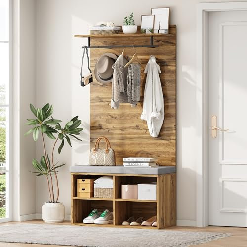 Merax Garderobe Set, Garderobenschrank Flur, Garderobe mit Sitzbank und Polster(84 x 32 cm), Multifunktionales Flurmöbel, 84 x 175 x 37 cm (B/H/T), Eiche