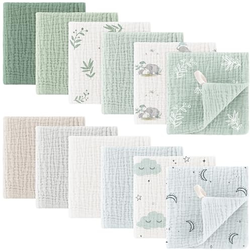 bearmoss Lot de 12 Gants de Toilette en Mousseline 100% Coton Doux, Respirants et extrêmement absorbants pour bébé - 25 x 25 cm (Vert-Gris)