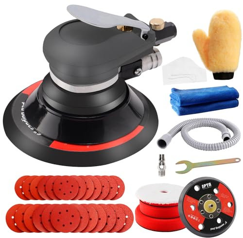 Druckluft schleifgerät, Exzenter poliermaschine, SPTA 125mm/150mm Exzenterschleifer Schleifmaschine mit 24 Schleifpapier und 3 Polierschwamm zum Polieren, Schleifen und Schleifen von Autos -HASPS6SET