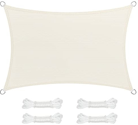 SONGMICS Vela de Sombra de 2 x 3 m, Tejido HDPE de Protección Solar, Transpirable, Permeable al Agua, Terraza, Jardín, Balcón, Camping, Rectangular, Cóncava, Cuerdas de 2 m, Beige GSS23IVV1