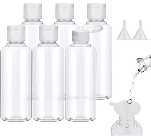 Voarge Lot de 6 bouteilles de voyage de 100 ml en plastique avec 2 petits entonnoirs - Plastique transparent - Avec petit entonnoir pour avion, aéroport, vacances (Blanc)