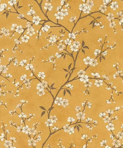 Rasch Papier peint intissé jaune avec petites fleurs de cerisier en blanc et beige, 10,05 m x 0,53 m (L x l)