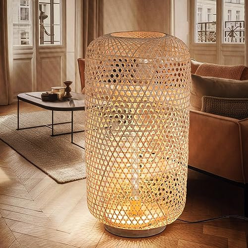 etc-shop Stehlampe braun Schlafzimmerleuchte Boho Standlampe rund, Dekorleuchte Terrasse Bambus Schirm geflochten Natur, 1x E27 Fassung, DxH 39x77 cm