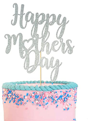 GuteGifts Happy Mother's Day Cake Topper with Love Heart Mothers Day Party Decoration Multicolour Glitter Card Made in UK 1 PC (Silver)