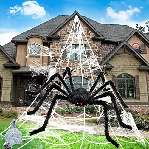 BOSONER Halloween Deko Outdoor Spinne Groß: Horror Deko Garten 127cm Riesenspinne Set with 50cm Dreieckiges Riesen Spinnennetz - Gruselige Dehnbares Riesen Spinne (Schwarz Spinne)