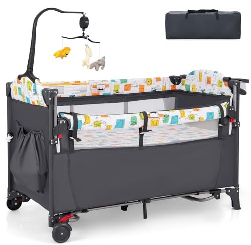 RELAX4LIFE 5 in 1 Lettino Neonato con Materasso, Culla da Campeggio con Fasciatoio e Cintura di Fissaggio, Altezza Regolabile in 4 Livelli, Adatto a Bambini da 0 a 36 Mesi,125 x 66 x 78 cm (Grigio)