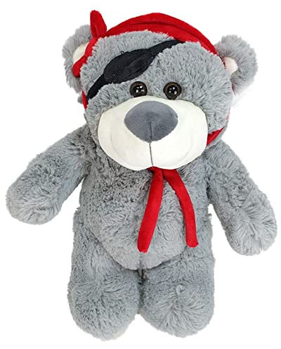 BEMIRO Ours pirate en peluche grise d'environ 33 cm, Teddy pirate, moelleux et doux, avec cache-œil de pirate, ours en peluche, pirate, ours en peluche, pirate