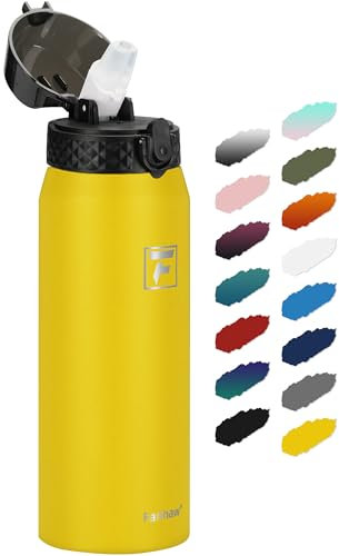 Fanhaw 750ml Stainless Steel Insulated Sports Water Bottles with Straw for Kids, Men and Women(Yellow)