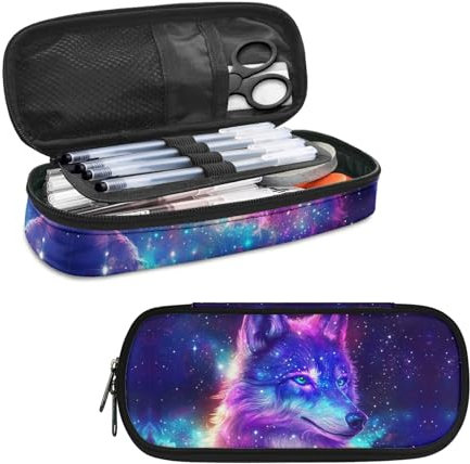 HELLHERO Galaxy Wolf Federmäppchen für Kinder, Mädchen, Jungen, Bleistifttasche, stabile Stifthalterbox, Schreibwaren-Tasche für Frauen und Männer, Schule, Büro, Abschlussfeier, Geburtstagsgeschenke