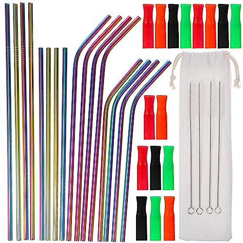 Mobestech 21Pcs Reusable Straws Set Metal Drinking Straws Inclued16 Metal Drinking Straws with Silicone Tip Covers with 4 and 1 Portable Bag for Smoothie Cold and Hot Drinks