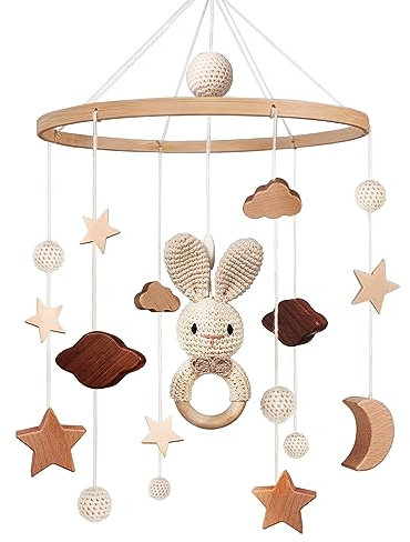 Móvil de madera para bebé, cuna móvil, campana, campana de viento, bebé con nubes, estrellas, gancho de ganchillo desmontable, conejo, juguete móvil para bebé