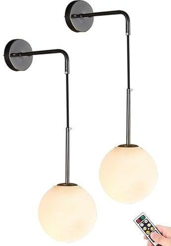 Wall Sconces Battery Operated Set of 2 with Remote,Indoor No Wiring Hanging Wall Lights Fixture,Modern Globe Glass Shade Gold Wall Lamp Timer Chandelier for Bedside Bedroom Vanity ( Color : Black )