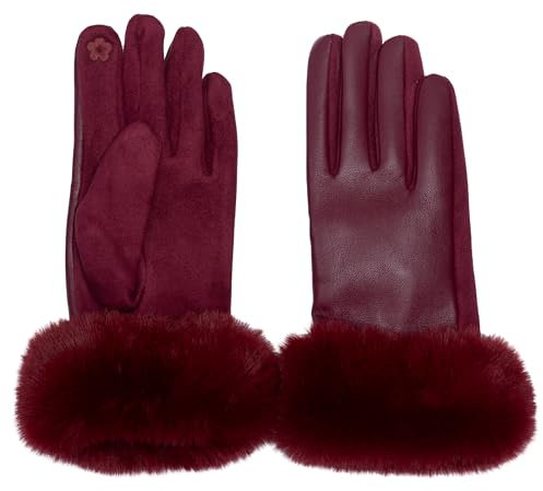 Caspar GLV017 klassisch elegante uni Damen Handschuhe mit Fell Dekor, Farbe:weinrot, Accessoires:One Size