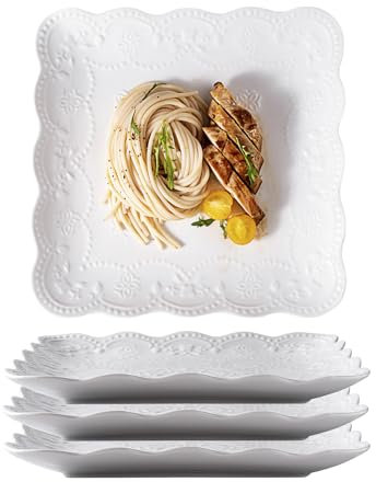 CLAY TONIC Claytonic Porzellanteller-Set mit geprägter Spitze, quadratisch, weiß, Servierteller für Pasta, Salat, Steak-Abendessen, Restaurant, Familienfeier, Küche, 20,3 cm, Weiß, 4 Stück
