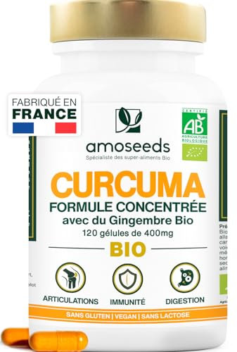 Curcuma BIO Haute Concentration | Avec Gingembre Bio | Curcumine Haute Absorption | Sans Pipérine | Articulations | 120 Gélules | Qualité Supérieure