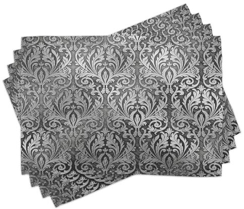 ABAKUHAUS Grau Platzmatten 8 Stück, Relief mit Klassischen Floralen Ornamenten Mittelalterliche Muster, Waschbare Stoff Esszimmer Küche Tischdekorations Digitaldruck, Grau schwarz