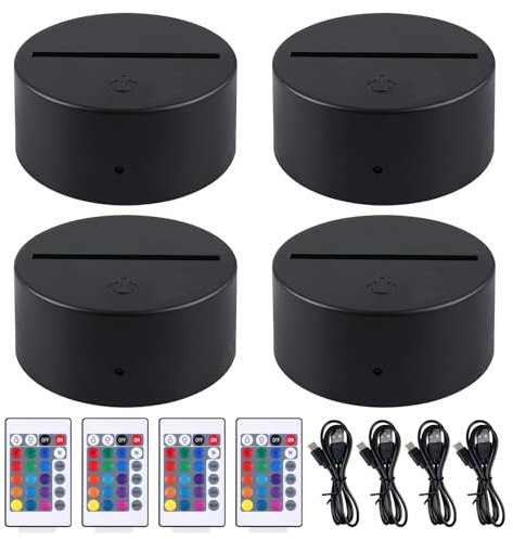 Lot de 4 lampes de nuit LED 3D - Socle LED avec télécommande et câble USB - Lampe illusion 3D - 7 couleurs - Intensité variable - Lampe de décoration pour chambre d'enfant, chambre à coucher, salon,