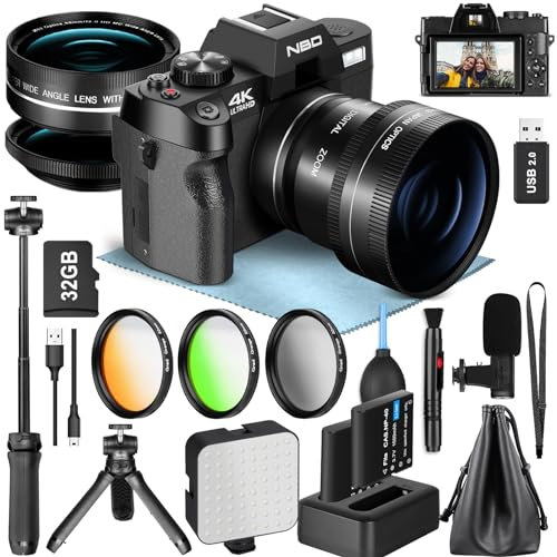 4K Digital Cameras for Photography - 48MP/60FPS Video Camera for Vlogging, WiFi & App Control, YouTube Vlogging Camera with 32GB TF Card. Wide-Angle & Macro Lens Included (Black)