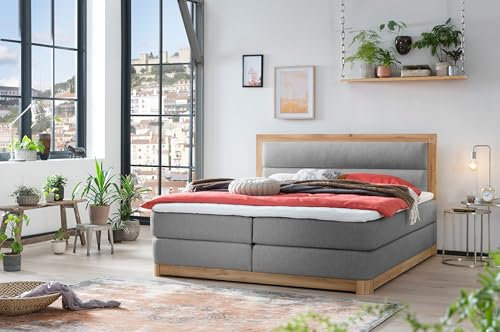 Belanoti Age Boxspringbett 180x200 Eiche 7-Zonen Taschenfederkern Matratze inkl Visco Topper Bett 180x200 in der Farbe Grau H2/H3 Polsterbett Hotelbett mit Massivholz Eiche Massivholzbett