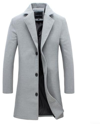 Feegow Trench Coat pour homme | Manteaux d'hiver pour hommes | Manteau long décontracté à revers simple boutonnage | Manteau en laine coupe-vent fin et mi-long (XL Gris clair)
