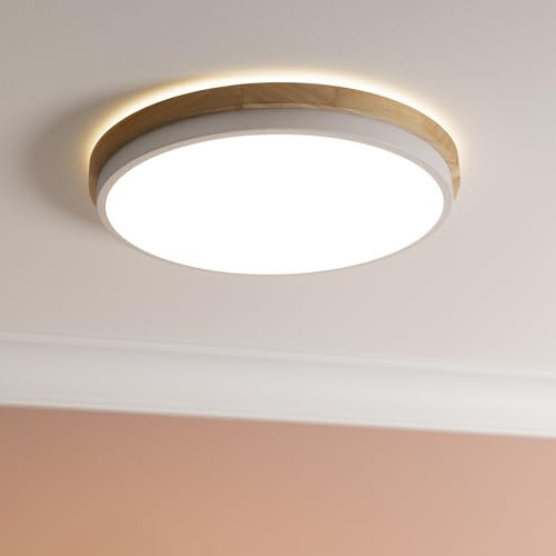 Brilliant LED Wand- & Deckenlampe mit 3-Stufen-Dimmer & hellbraunem Holz Rahmen vom Kautschukbaum & warmweißer Lichtfarbe (3000 K) | Ø 35 cm | 24 W | 2400 lm | aus/Kunststoff/Metall/Holz