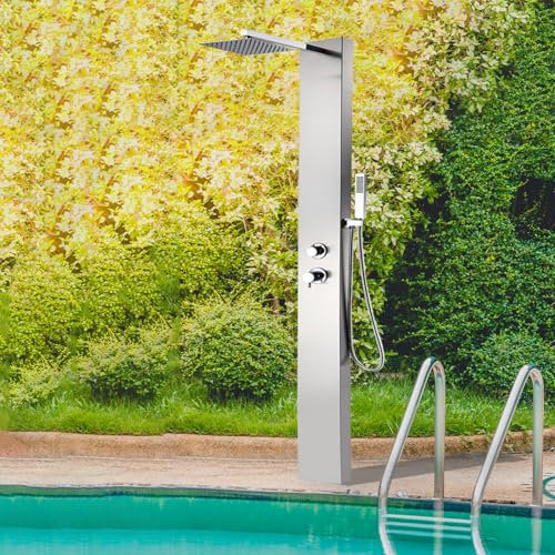 Probility Gartendusche aus Edelstahl 304 mit Kopfbrause, Handbrause, Anschluss an Warm- und Kaltwasserleitungen, ohne WPC-Grundplatte, geeignet für Außengärten und Schwimmbäder