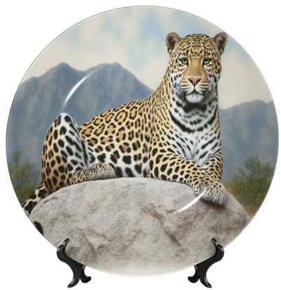 Elegante dekorative Teller mit Leopardenmuster – Teller aus Knochenporzellan mit Ständer und Haken für Wanddekoration, Urlaub, Hochzeitsgeschenk