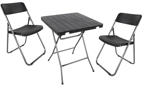 Bistro Set im Rattan und Holz Design schwarz - 1 Tisch / 2 Stühle - Sitzgruppe klappbar für Garten und Balkon - Tischgruppe Bistrotisch Bistrostuhl Gartenmöbel Stuhl für Garten Balkon Terrasse Küche