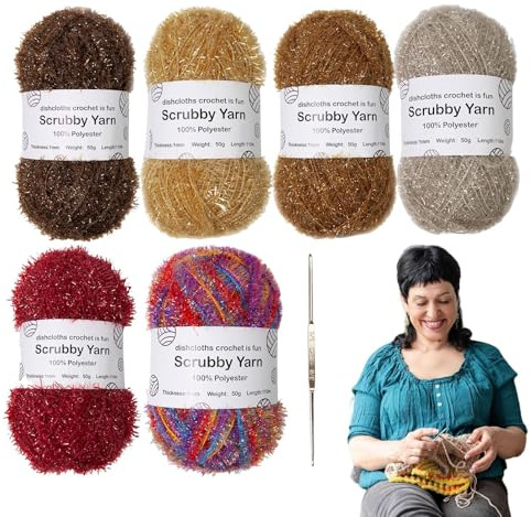 Scrubby Colors Garn – Scrubby-Garn-Sortiment, glänzendes Häkelgarn, Polyester, verschiedene Farben, Polyester-Garn-Set für Geschirrtücher, Peelings, Waschlappen, Häkeln, Badetücher