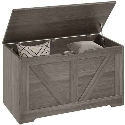 HOMCOM 100L Storage Chest, Storage Trunk with 2 Safety Hinges and U-shaped Cut-out Pull, Organiser Box for Living Room, Entryway, 80 x 40 x 45 cm, Charcoal Grey