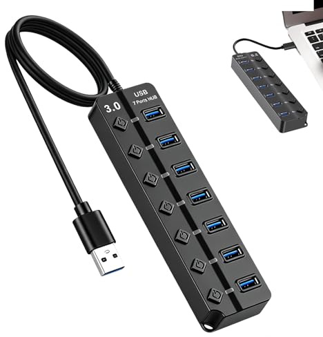 Hub USB 3.0 à 7 Ports – Adaptateur Multiport avec Interrupteurs de Contrôle Indépendants et Indicateurs LED – Compatible PC, Laptop, Clés USB – Solution pour la Maison et Le Bureau