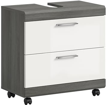 xonox.home – Waschbeckenunterschrank auf Rollen Scout 60x60x34 cm in Rauchsilber und Weiß Hochglanz – Mobiler Badschrank – Moderner Unterschrank für eine Elegante & Flexible Badaufbewahrung