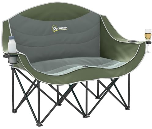 Outsunny Faltstuhl 2 Sitzer Faltbar Campingstuhl Getränkehalter Grün | Tragetasche, Klappstuhl, Bis 250kg Belastbar, Leicht Gepolstert, Angelstuhl, Gartenstuhl, Garten Camping Strand Outdoor