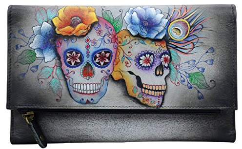 Anuschka Damen Clutch aus Leder, handbemalt, dreifach faltbar, (Calaveras De Azucar), Einheitsgröße