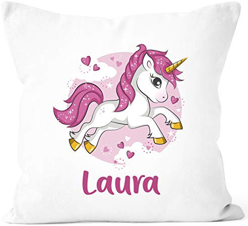 SpecialMe Einhorn Kissen-Bezug Namens-Kissen-Hülle Unicorn personalisierbar Wunsch mit Namen Geschenk Dekokissen weiß Unisize