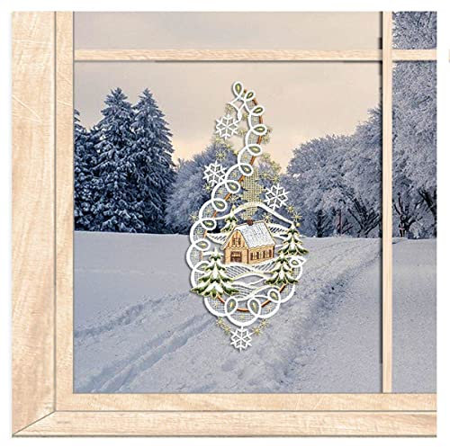 atelier alles-Spitze Elegantes Fensterbild Haus mit Winterlandschaft | Hochweriger Fensterschmuck aus farbiger Vogtländischer Luft-Spitze | BxH: 16 x 34 cm