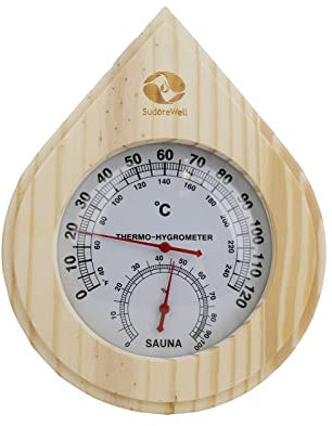 Sudorewell® Sauna Klimamesser Tropfen - Finnisches Sauna Thermometer + Hygrometer in Tropfenform-Design aus hellem Kiefernholz