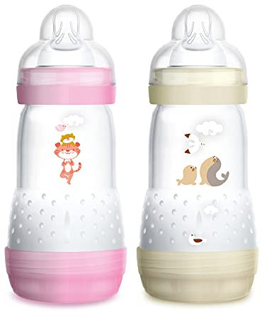 MAM Set de Biberones Anticólicos, 2-4 Meses, 260ml, con Tetina 2 Flujo Medio de Silicona de Fácil Aceptación, Autoesterilizable y Fácil de Limpiar, MAM Easy Start Anti-Colic, 2ud