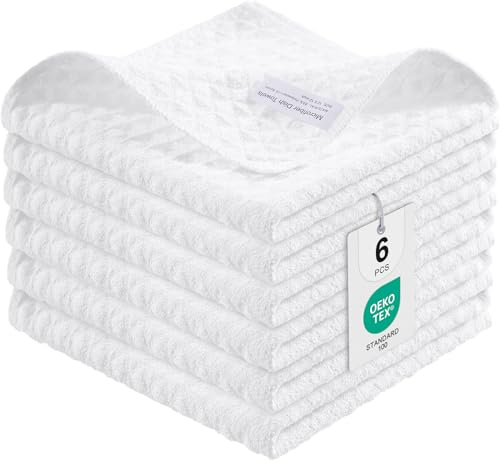 Moosfor Microfasertücher 6er-Set 30 x 30 cm Geschirrtücher Weiß | Dicke saugfähige, Fusselfrei Küchentücher Trocknen Geschirr und Theken Schnell, Geeignet für Küche, Barista Tuch, Haushalt