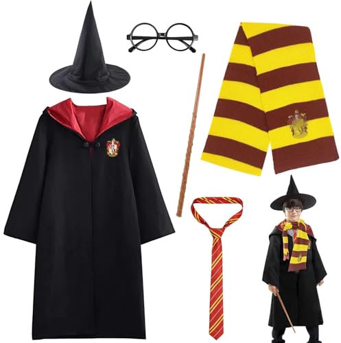 WELLXUNK Costume de Magicien, Déguisement Adulte Enfant avec Cape, Cravate, Echarpe, Baguette, Lunettes noires rondes, Chapeau de sorcier, Baguette, Costume de Cosplay pour Halloween Fête Carnaval