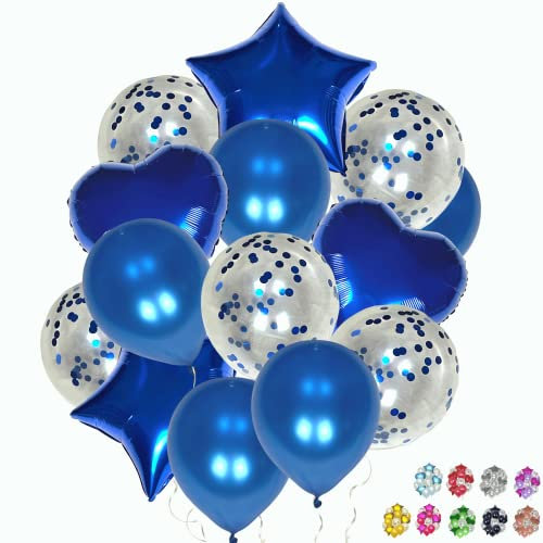 14 dunkelblaue Geburtstagsballons in Stern und Herzform aus Aluminium 45cm und Luftballons mit Konfetti und Metallic-Optik 30cm Luftballons für Geburtstag, Kinderparty, Hochzeit, Jahrestag