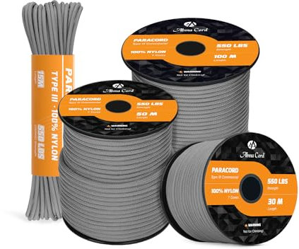 Abma Cord Paracord 550 4mm Nylon Corda (10m-15m-30m-50m) Tipo III Corda da Paracadute a 7 Fili Cavo di Sopravvivenza, Cavo Militare - Max. 250 kg - Grigio, 15m
