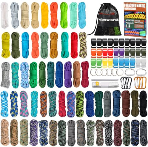 WEREWOLVES Paracord 550 - Kits de manualidades con instrucciones (idioma español no garantizado), 60 colores, cuerdas de paracaídas multifunción de 10 pies y accesorios completos para hacer pulseras