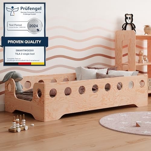 smartwood Cama Montessori Baja 60x120 cm – Cama Infantil de Madera Natural y Ecológica con Barrera – Somier con Entrada a Elección – Carga Máxima 230 kg – TILA 4B