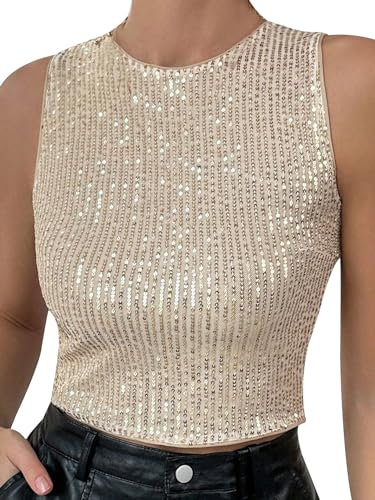 iSpchen Damen Crop Top Perlen Pailletten Stoff Bandeau Top Ärmellos Frühling Street Style,Gold,M(Bitte beachten Sie vor dem Kauf unsere Größentabelle, um eine bessere Passform zu erhalten.)