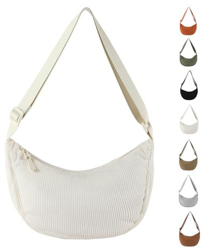 APMGONT Damen Cord Crossbody Bag, Halbmond Tasche Umhängetasche, Damen Halbmond Tasche Schultertasche Mit Einstellbar Schultergurt Lässige Umhängetasche aus Cord für jeden Anlass (Milchweiß)